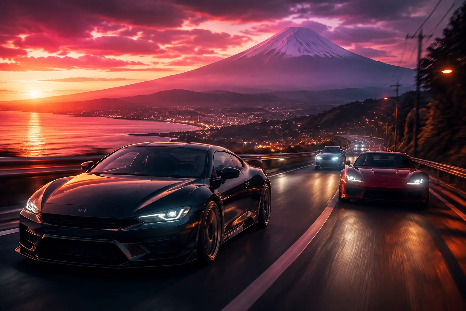 Red sports car on a coastal highway at sunset with a mountain in the haze