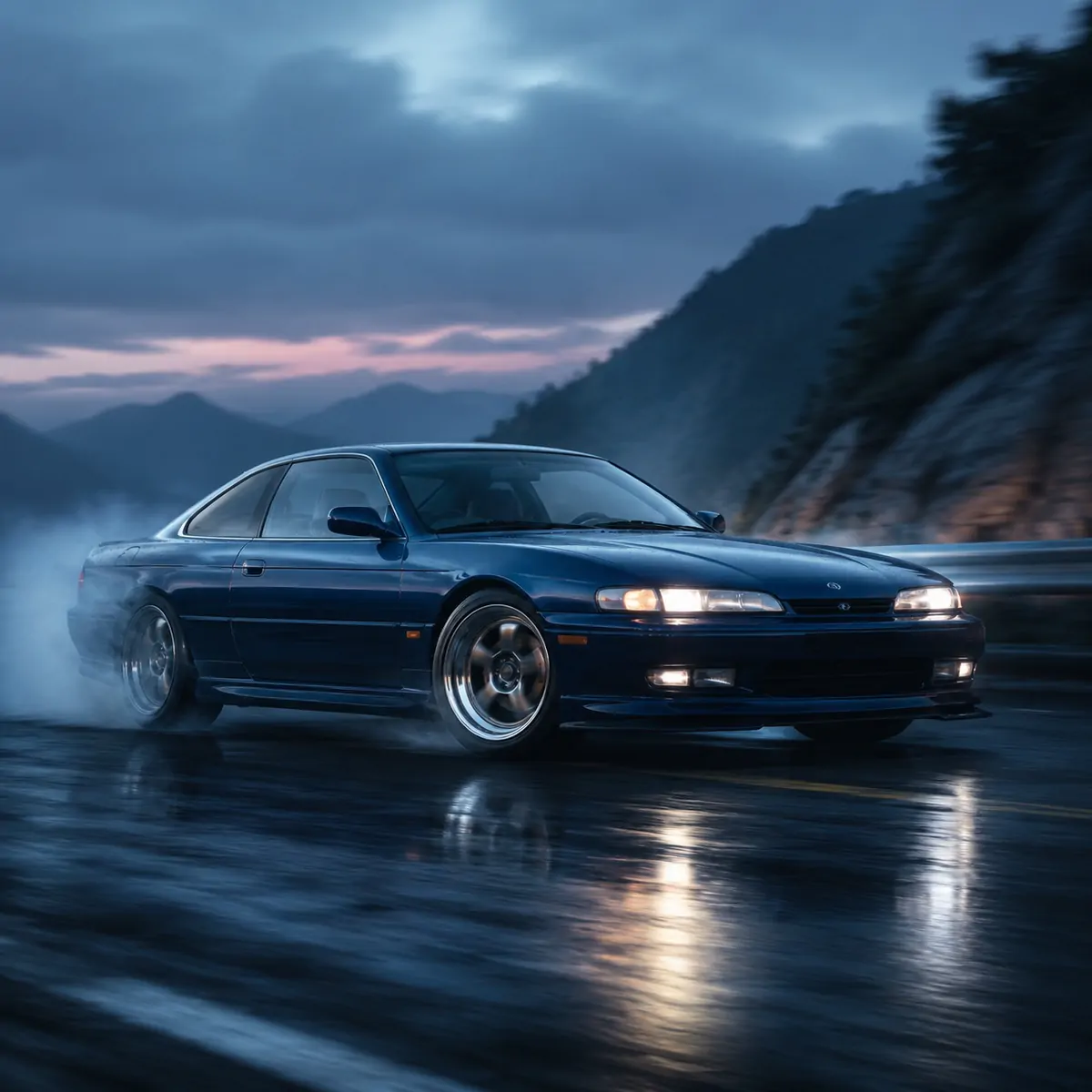 Car drifting on a wet mountain road at dusk