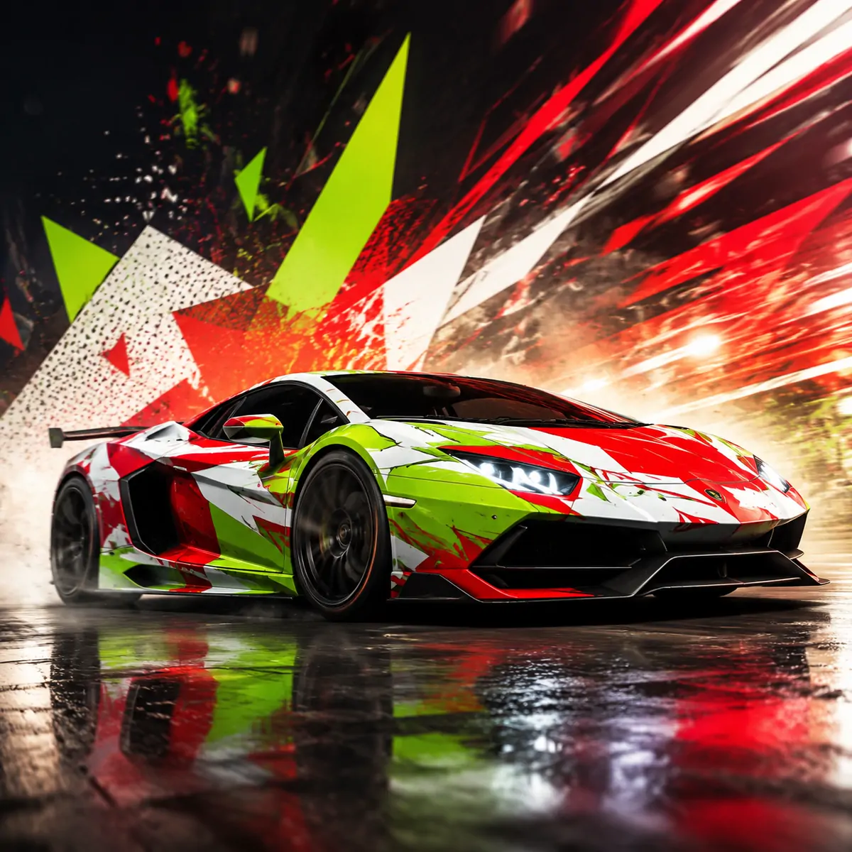 Race car with a bold graphic livery on a reflective floor