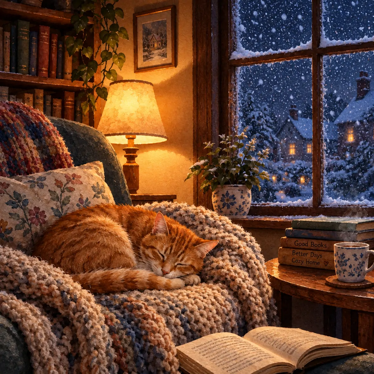 Ginger cat asleep in a cozy reading nook on a snowy night