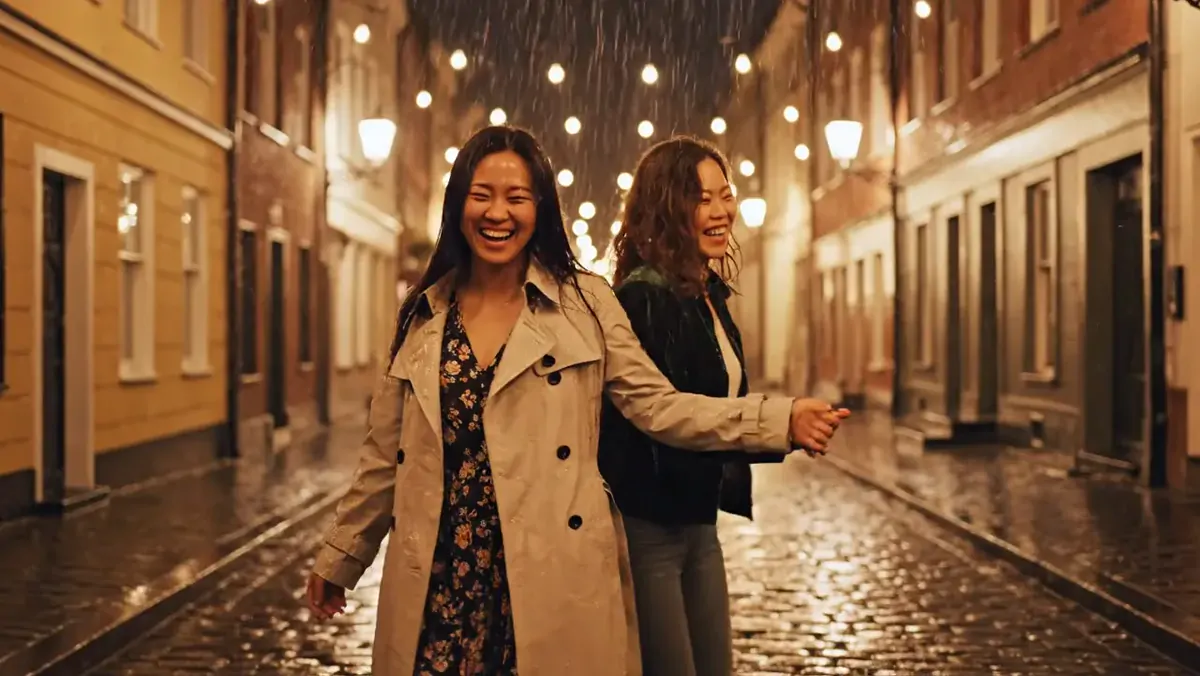 Two friends dancing down a rainy cobblestone street at night