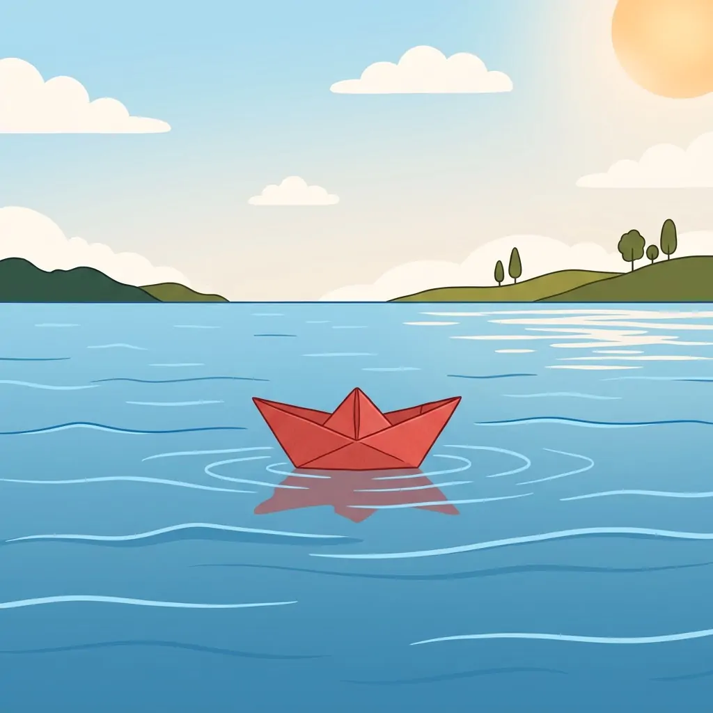 Flat illustration of a red paper boat on calm water