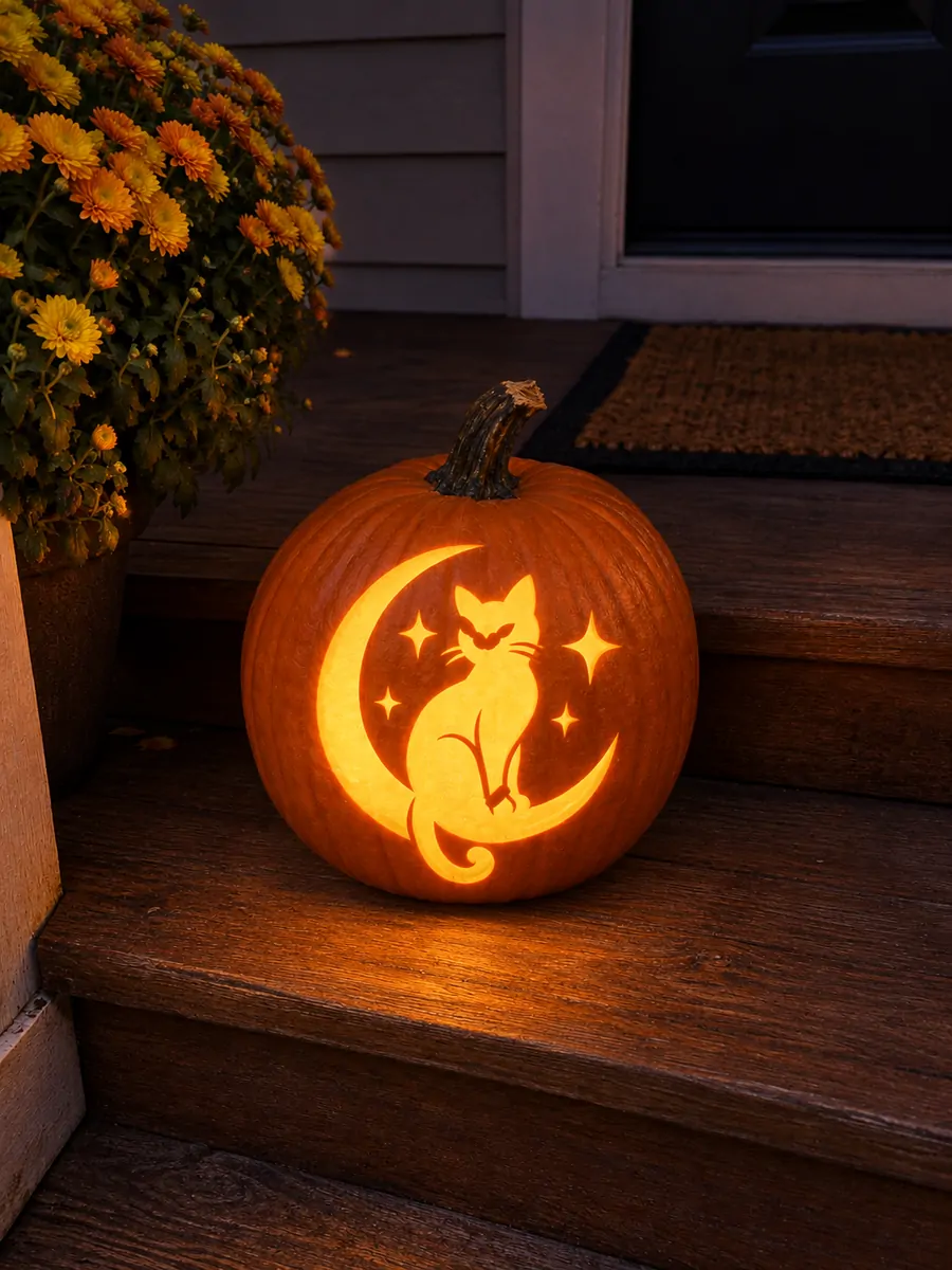 Carved pumpkin with a cat and crescent moon glowing on a porch
