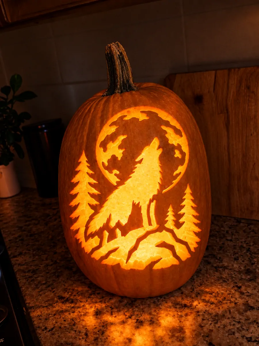 Carved pumpkin with a howling wolf glowing at night