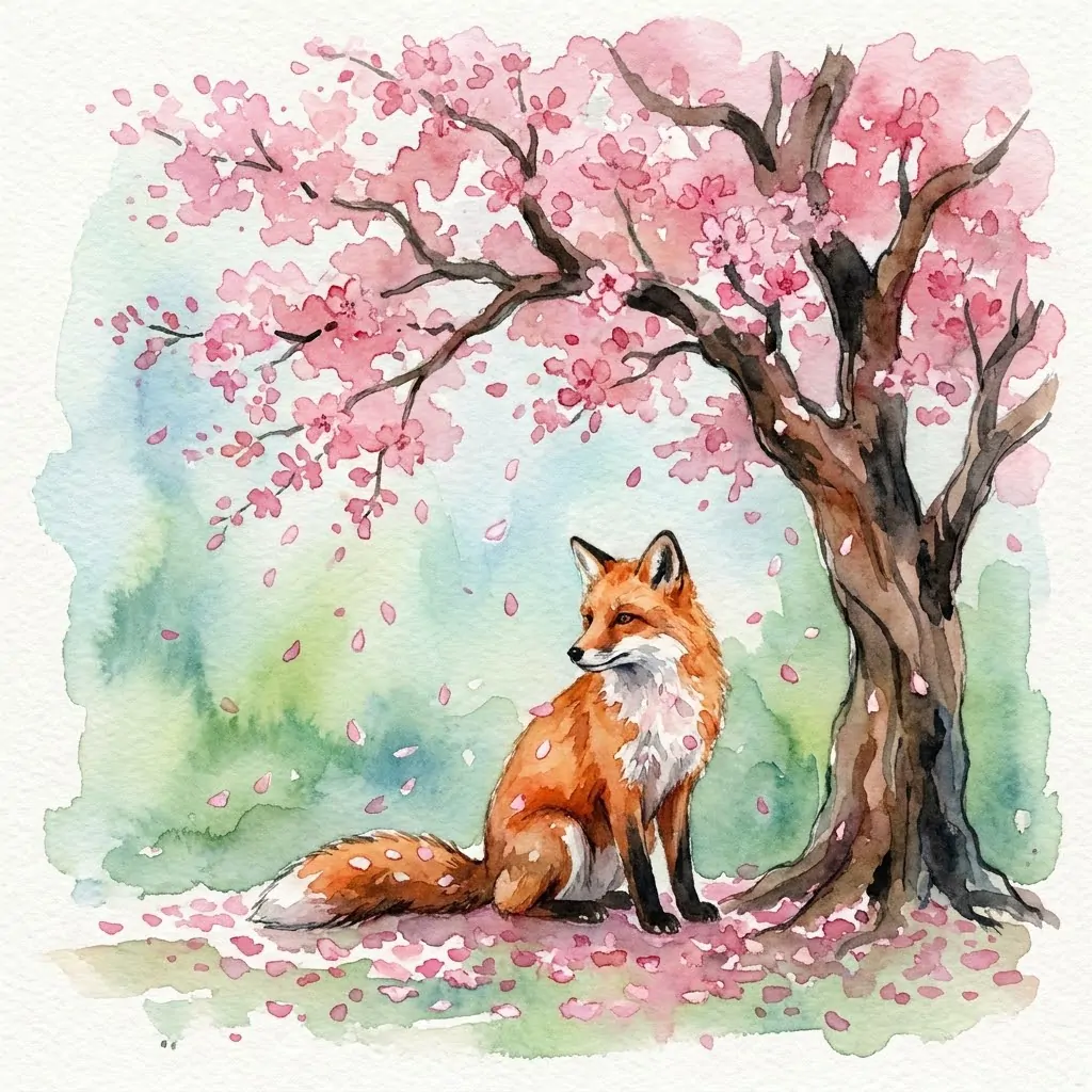 Watercolor illustration of a fox under a cherry blossom tree