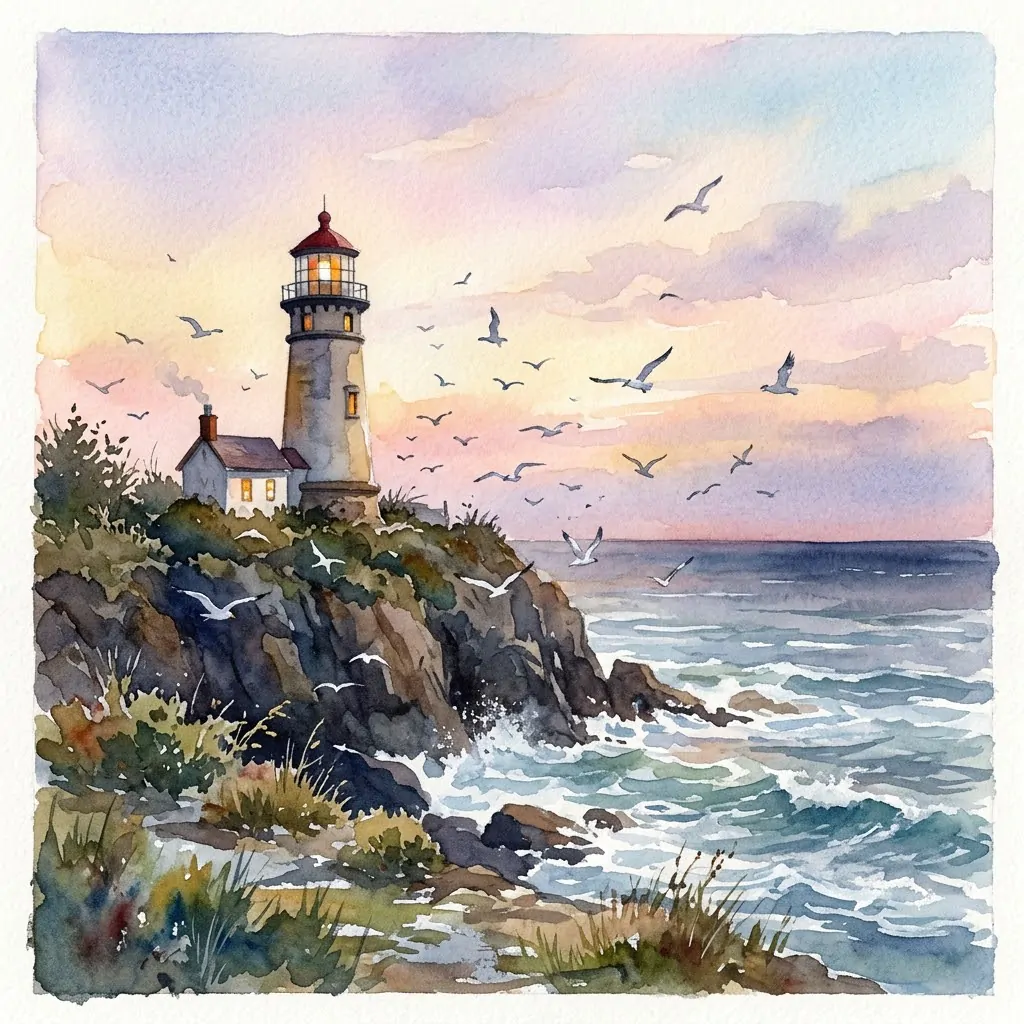 Watercolor of a lighthouse on a cliff with seabirds